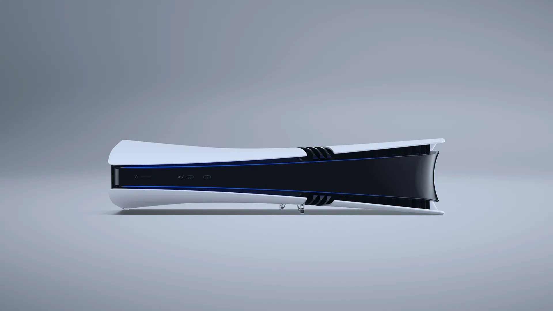 PlayStation 5 Pro im Profil, liegend auf den Standfüßen
